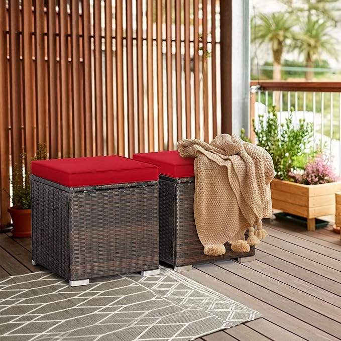 RELAX4LIFE Wicker Outdoor Storage Ottoman, 2-Piece Rattan Footstool w/Removable Cushion - Photo 2