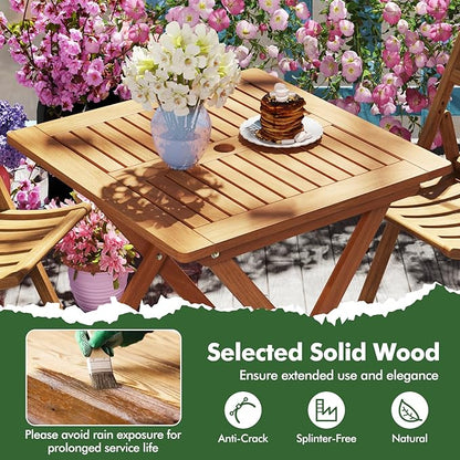 Tangkula 29.5-Inch Square Patio Dining Table, Solid Wood Folding Outdoor Bistro Table with Teak Painting & 2" Umbrella Hole, Outdoor Dining Table for Balcony, Deck, Porch, Backyard