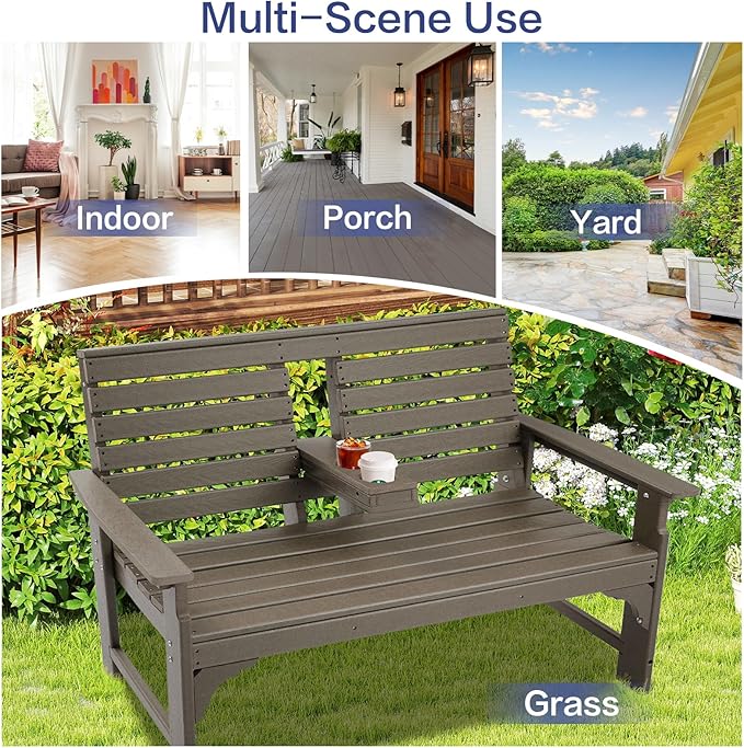 Outdoor Bench Weatherproof - HDPE 2-Person Garden Bench with Cup Holders, Bench Furniture with Backrest and Armrests - Photo 8
