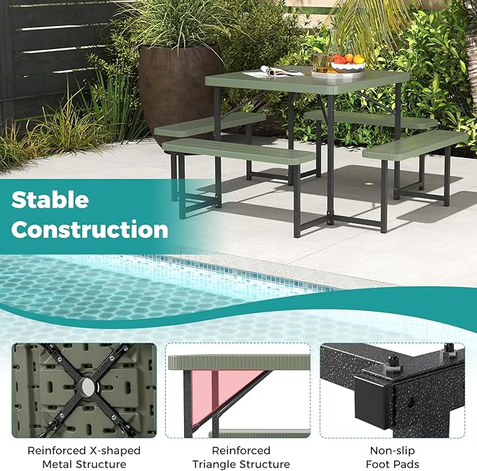 Giantex Picnic Table Bench Set for 4-8 People, 34" Outdoor Square Dining Table & 2 Benches w/Umbrella Hole - Photo 7