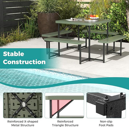 Giantex Picnic Table Bench Set for 4-8 People, 34" Outdoor Square Dining Table & 2 Benches w/Umbrella Hole, HDPE Tabletop, Metal Frame, Patio Camping Furniture for Backyard Porch Lawn (Green,Square)