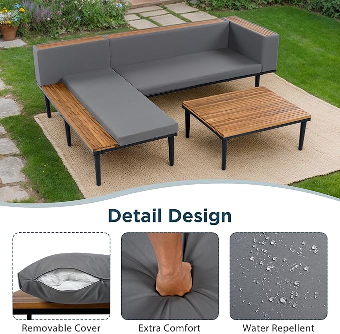 Modern Acacia Wood Patio Furniture Set with Removable Cushions, Coffee Table and Side Table - Photo 4