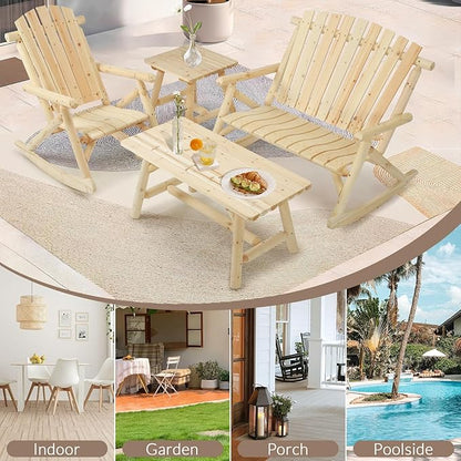 4-Piece Outdoor Wood Rocking Bistro Set, Rustic Wooden Conversation Set Including 2-Seater Loveseat, 2 Coffee Table, Log Rocker Chair, Patio Furniture Chair Set for Lawn Yard, Natural