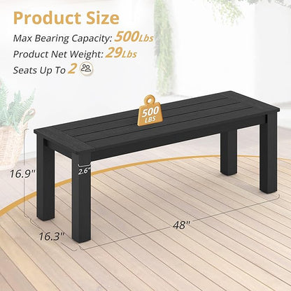 LUE BONA HDPS Outdoor Bench with Straight Legs, All-Weather 2-Person Outdoor Backless Benches, Weatherproof Heavy-Duty Garden Bench for Porch, Patio, Lawn and Backyard, Black