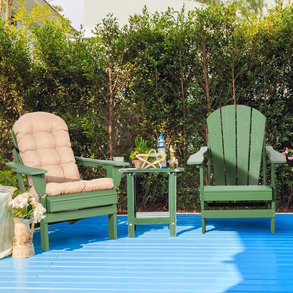 Oversized Adirondack Chair with Cushion & Cup Holder, HDPE Weather Resistant Folding Adirondack Chair for Adults, Outdoor Fire Pit Chairs for Patio/Porch/Swimming Pool/Garden (1, Green)