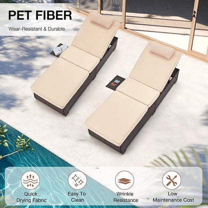 HOMREST PE Wicker Chaise Lounge Chairs Set of 2,Adjustable 5 Position Outside Rattanr Patio Pool Chair with Headrest,Cushion and Storage Rack for Poolside Backyard Porch,Khaki