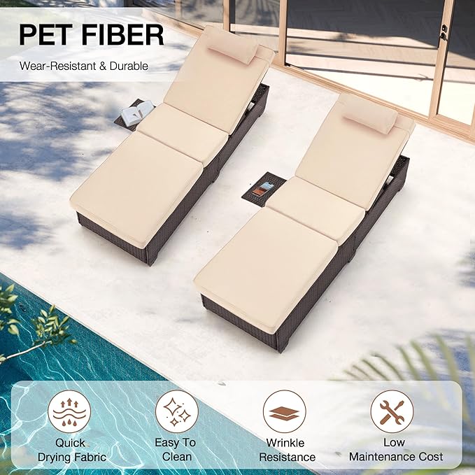 HOMREST PE Wicker Chaise Lounge Chairs Set of 6,Adjustable 5 Position Outside Rattanr Patio Pool Chair with Headrest,Cushion and Storage Rack for Poolside Backyard Porch,Khaki