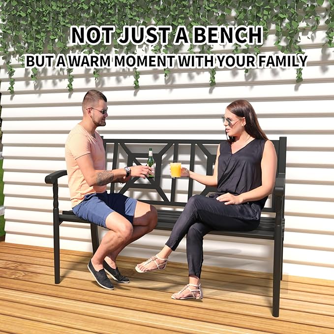 YLGJ&TIDY 50 Inches Garden Benches for Outdoor Patio Bench with Pattern Backrest Armrest Weatherproof Park Benches Metal Bench for Garden Park Porch Lawn Yard (BENCH05)