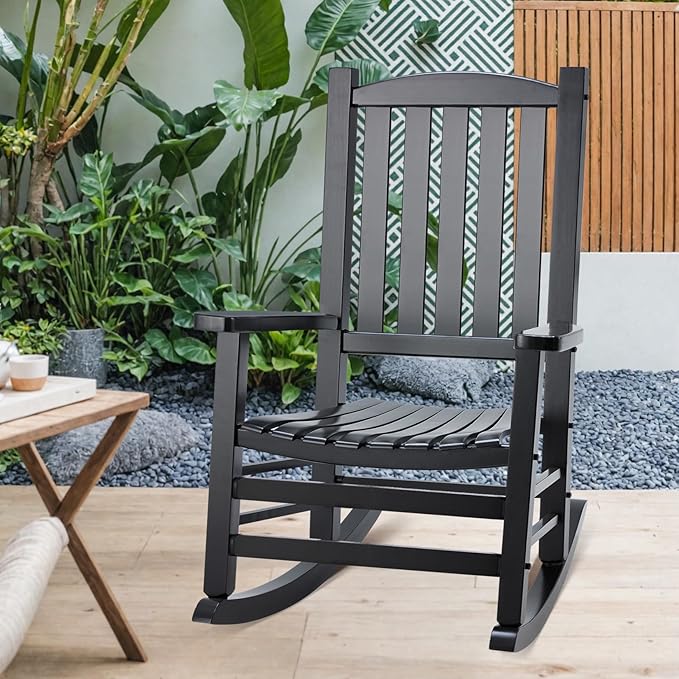 Wooden Outdoor Rocking Chair, Oversized Patio Rocking Chair w/400lbs Support & High Backrest | Porch, Lawn, Garden, Backyard，Black