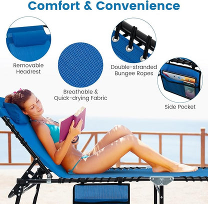 Tangkula Beach Lounge Chair for Outside, Folding Chaise Lounge Outdoor with 4-Position Backrest, Removable Headrest and Side Pocket, Portable Sunbathing Tanning Chair for Patio, Poolside (2, Navy)