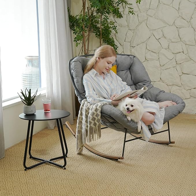 Grand patio Rocking Chair Outdoor, E-Coated Papasan Rocking Chair with Cushion, Outdoor Oversized Recliner Rocker for Patio Porch Garden Backyard, Grey