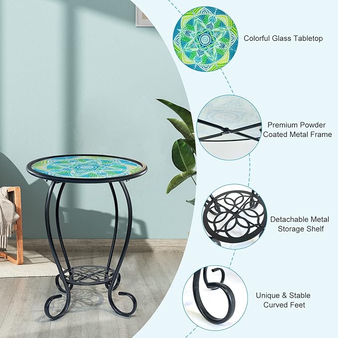 HONGLAND Mosaic Outdoor Side Table, 14" Round Patio Side Table, Mosaic Plant Stand, End Table W/Storage Shelf - Photo 9