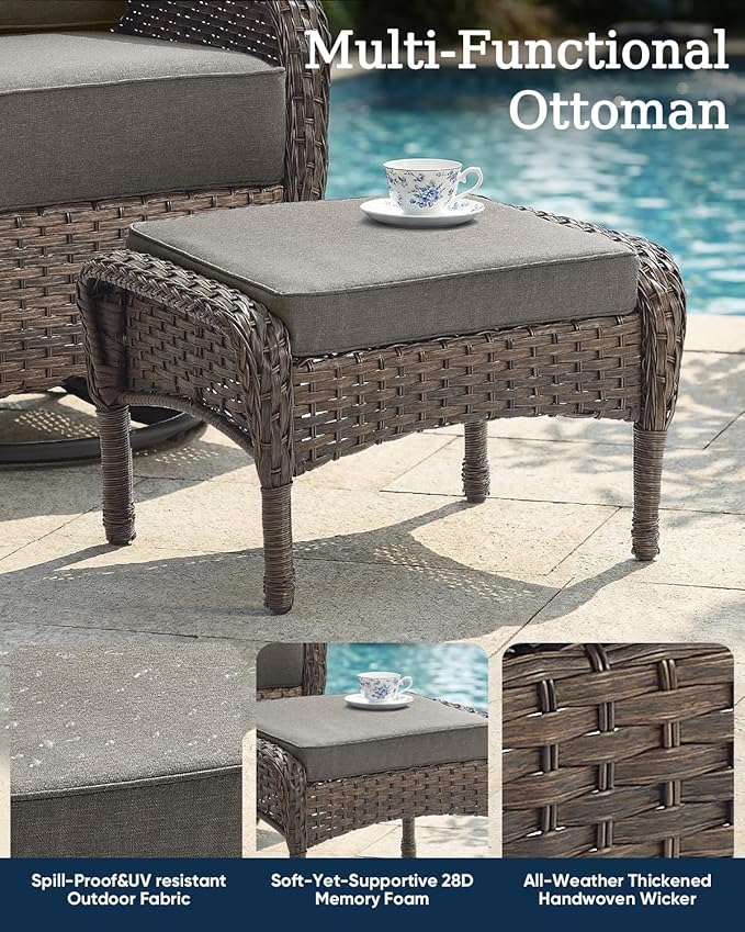 Outdoor Ottomans Patio Footrest Set of 2 - High Back Comfortable Brown Wicker Rattan Steel Frame Footstool Additional Bench Side Table for Porch Balcony Deck Garden Poolside - Grey