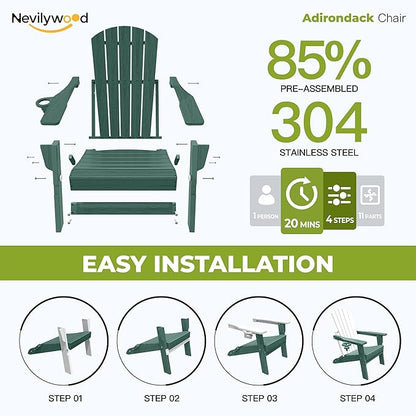 nevilywood Folding Adirondack Chairs Set of 2, All-Weather Fade-Resistant Design with Cup Holders, Great for Patio, Balcony & Outdoor Spaces,Green