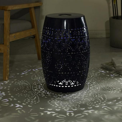 Christopher Knight Home Patio Side Table with Solar Powered Light, Outdoor Metal Coffee Table, Lace Cut Iron End Table, Patio Garden Stool with Cutout Design for Patio or Balcony, Blue