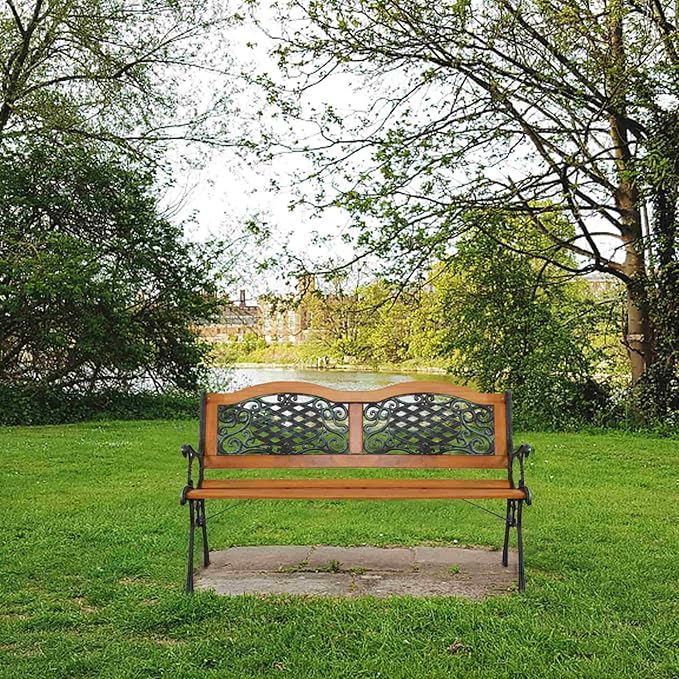 49” Outdoor Bench with Antique Pattern Back,Patio Bench Front Porch Bench for Entryway Garden,Bronze&Natural