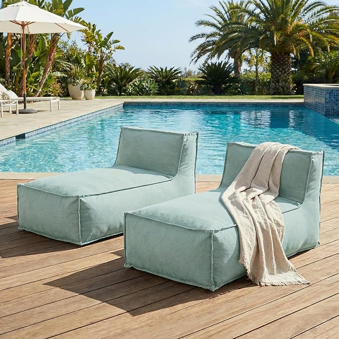 Merax Outdoor Bean Bag Lounge Chairs Set of 2, 61" Outdoor Chaise Lounger Chair with Foam Filled, Cozy Outdoor Bean Bag Couch for Patio Pool Desk, Water-Resistant Fabric Sun Lounger Chair, Mint