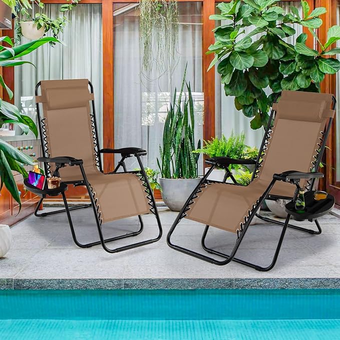 Goplus Zero Gravity Lounge Chairs, 160°Adjustable Folding Recliner w/Pillow and Cup Holder, 350LBS Comfy Outdoor Lounge Chairs for Patio, Lawn, Yard & Camp(1, Beige)