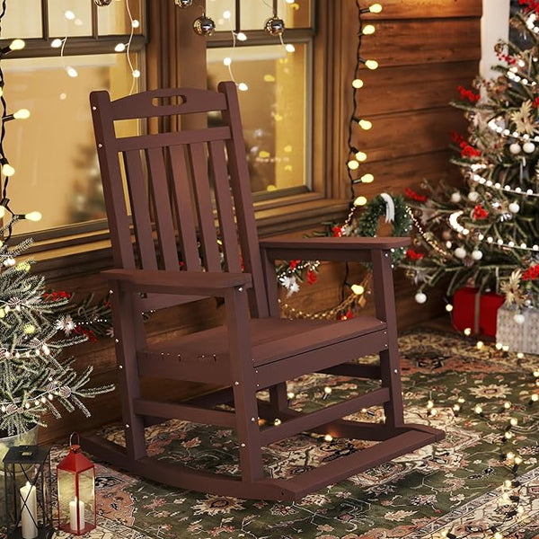 Classic Outdoor Rocking Chair Set of 1, HDPE Patio Rocking Chairs with Slat Back & Wide Armrests - Photo 1