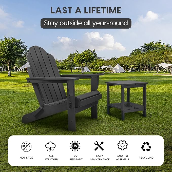 Folding Adirondack Chair, Outdoor Patio Chair Lawn Chair,Weather Resistant for Patio Deck Garden, Backyard, Bonfire& Lawn Furniture Lawn Seating（Grey）