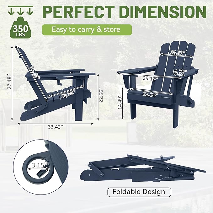 Adirondack Chair, Plastic Adirondack Chairs, HDPE Adirondack Chair, Folding Adirondack Chairs,Outdoor Chairs with Cup Holder for Lawn Patio Deck Fire Pit -Dark Blue