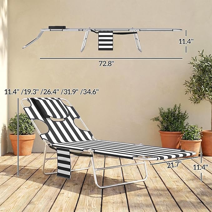 Outsunny Chaise Lounge Chair Outdoor with Face Arm Hole, 5-Position Reclining Face Down Tanning Chair with Carry Strap - Photo 3