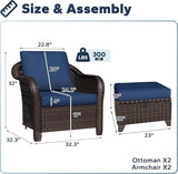 4 Pieces Patio Outdoor Conversation Furniture Set with Cushions, All-Weather Wicker Ottomans - Photo 2