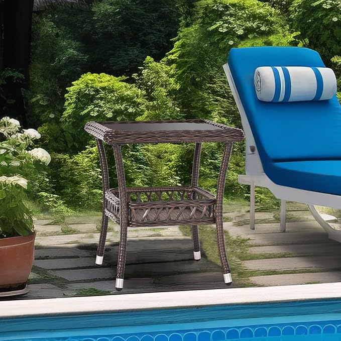 Outdoor Side Table Wicker Outdoor End Table for Patio Outside Brown Patio Coffee Square Tables with Storage & Glass Top for Backyard Porch