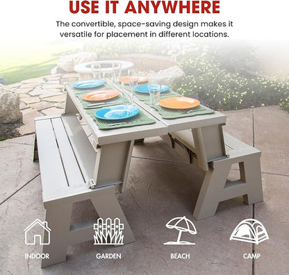 Convert-a-Bench Gen 1 2-in-1 Outdoor Convertible Bench to Picnic Table | Space-Saving, Weather-Resistant Patio Furniture for Yard, Deck, Garden | Easy Assembly & Durable Design - 1 Bench/Order, Adobe
