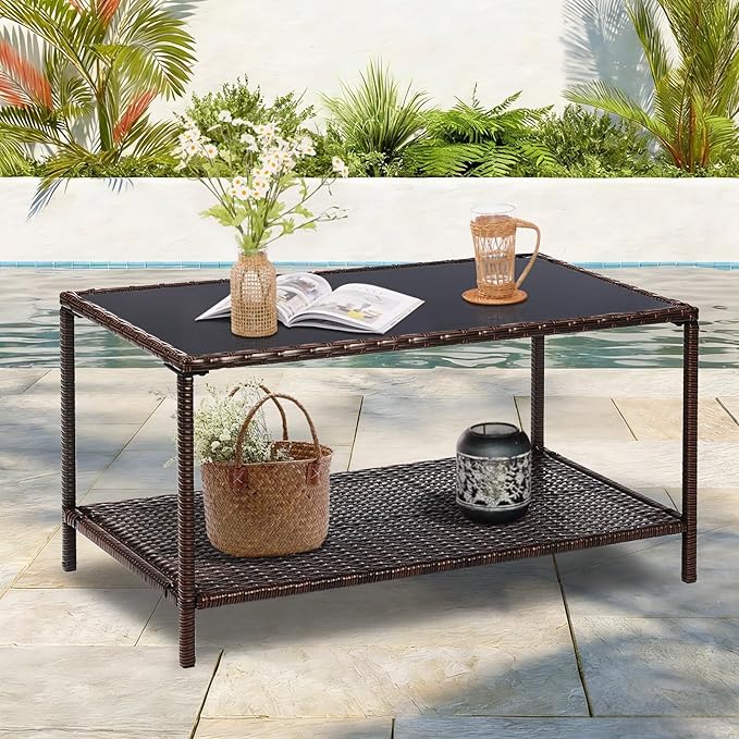 SUNNYPARK Outdoor Rattan Coffee Table 36’’ All-Weather Wicker Patio Side Tables with Glass Top and Storage Shelf Furniture for Living Room Balcony Backyard Poolside