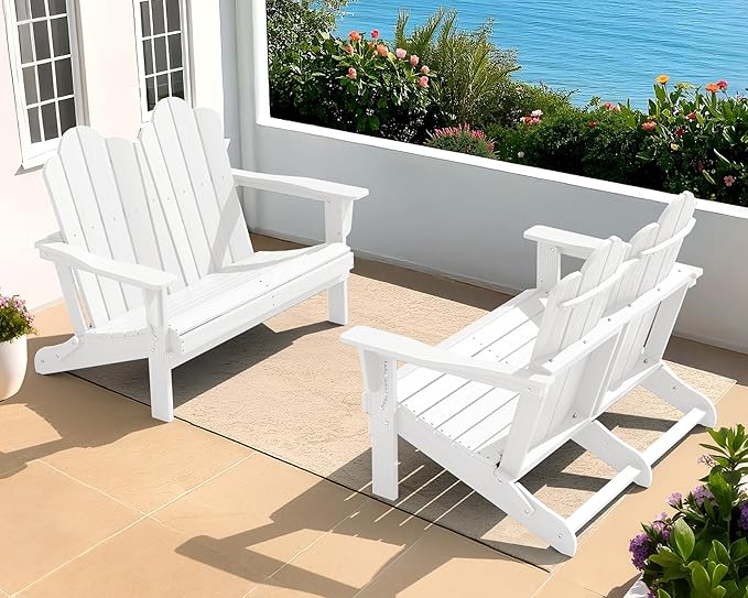 SERWALL Folding Adirondack Bench Set of 2, HDPE All-Weather 2-Person Adirondack Loveseat Bench, White - Photo 1