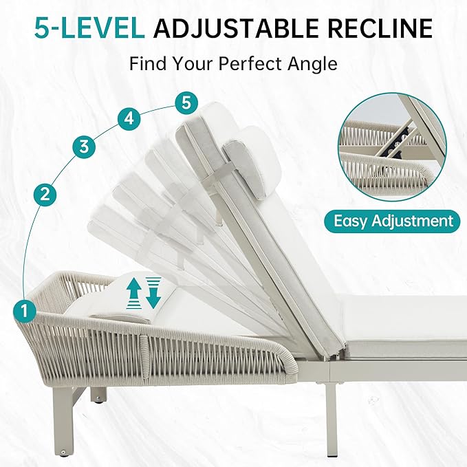 Aluminum Outdoor Lounge Chaise Chair with 2" Thick Cushion & Pillow, 5-Position Adjustable Patio Chaise Lounge with Wheels, 350lbs Capacity Pool Sun Lounge for Deck, Backyard, Beach (1 Chair)