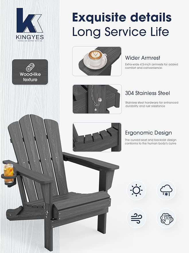 KINGYES Folding Adirondack Chair, HDPE All-Weather Patio Chairs with Cup Holder, Wooden Textured Fire Pit Chairs for Poolside, Backyard, Deck, Grey