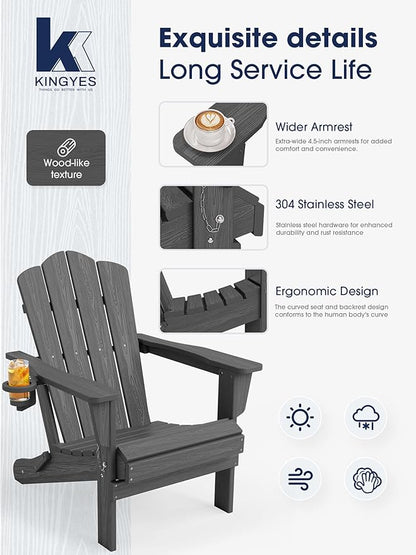 KINGYES Folding Adirondack Chair, HDPE All-Weather Patio Chairs with Cup Holder, Wooden Textured Fire Pit Chairs for Poolside, Backyard, Deck, Grey