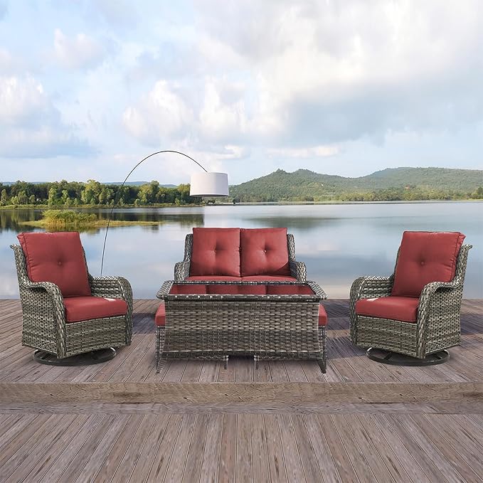 Rilyson Wicker Patio Furniture Set - 6 Piece Rattan Outdoor Sectional Conversation Sets with 2 Swivel Rocking Chairs - Photo 8