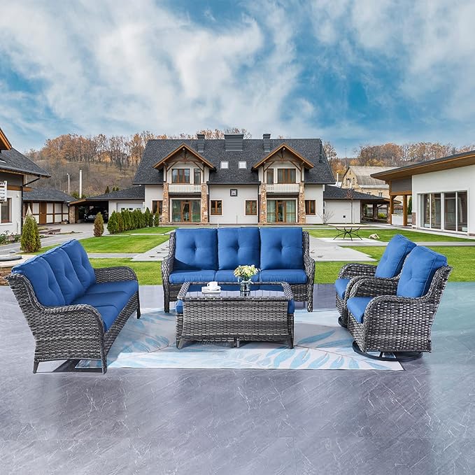 Rilyson Wicker Patio Furniture Set - 7 Piece Rattan Outdoor Sectional Conversation Sets with 2 Rocking Swivel Chairs - Photo 2