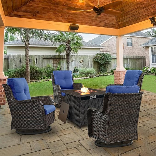 Belord Patio Furniture Set with Fire Pit Table, Outdoor Swivel Rocker Patio Chairs, Wicker Furniture Set Ideal for Porch, Deck, Pool, Yard, SunroomBrown Wicker/Blue