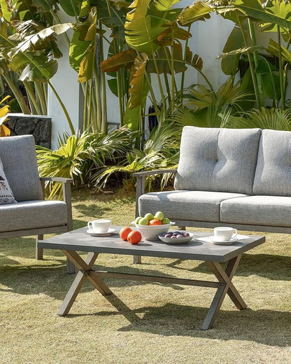 Aluminum Outdoor Coffee Table, All-Weather Rectangle Patio Coffee Table with Resin Tabletop, Modern Aluminum Outdoor Furniture Table for Patio, Poolside, Garden, Balcony, Limed Oak