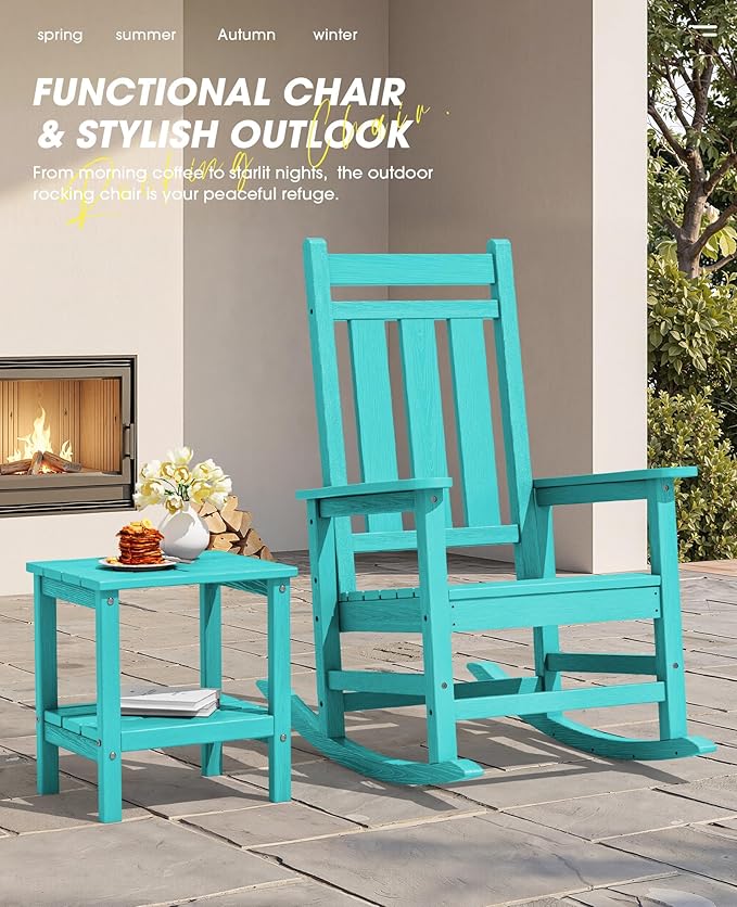 KINGYES Oversized Outdoor Rocking Chair, All-Weather Patio Rocking Chairs for Porch, HDPE Outdoor Patio Rockers with High Back & Wide Seat for Garden, Lawn, Aruba
