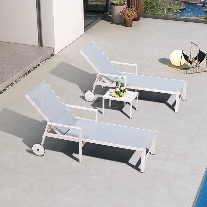 PURPLE LEAF Lounge Chair Outdoor Set 2 Pieces White Aluminum Chaise Lounge with Armrest and Wheels for Pool Deck Patio, Mixed Color