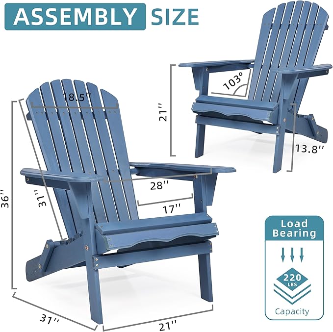 Wooden Folding Adirondack Chair Set of 2, Pre-Assembled BackRest Wood Lounge Chair for Outdoor Patio Garden Lawn Backyard Deck Pool Beach Firepit