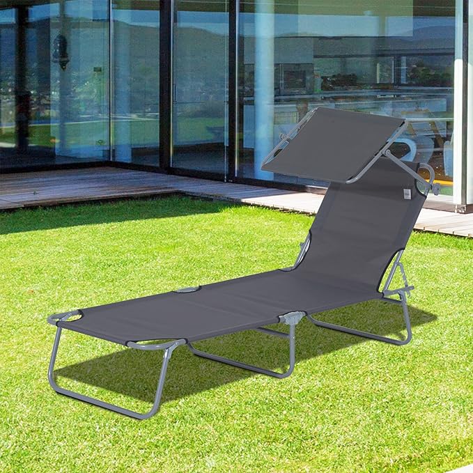 Outsunny Outdoor Lounge Chair, Adjustable Folding Chaise Lounge, Tanning Chair with Sun Shade for Beach, Camping, Hiking - Photo 2
