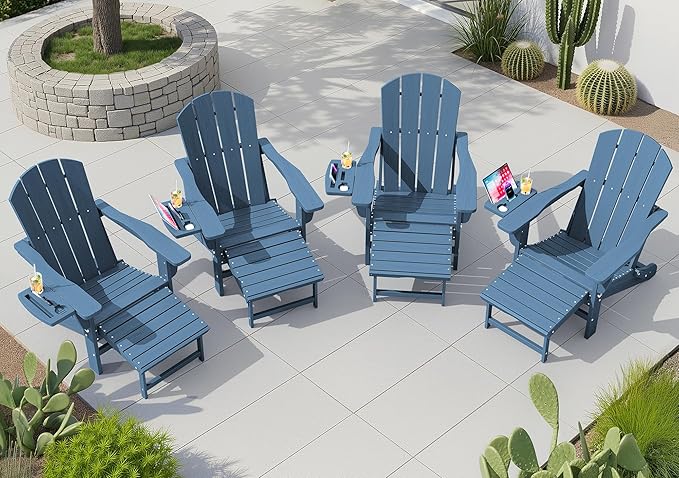 KINGYES Adjustable Folding Adirondack Chair with Footrest & 4-in-1 Multi-Functional Armrest Organizer Set of 4, HDPE Foldable Recliner Adirondack Chair with Pull-Out Ottoman, Blue