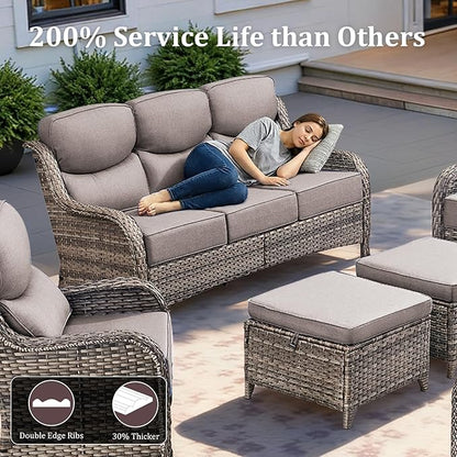Luxury High Back Patio Furniture Set with Fire Pit Table & 6-Inch Thick Cushions, 4-Pieces Outdoor Furniture with Swivel Chairs, Wicker Conversation Set for Porch, Balcony, Deck and Yard, Grey