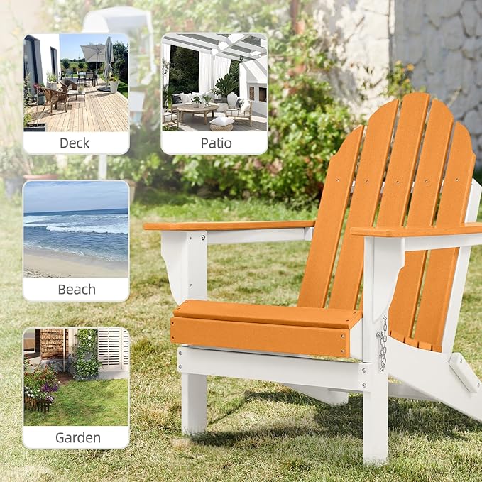 Aoodor HDPE Outdoor All-Weather Folding Adirondack Chair for Patio, Garden, Backyard, Lawn, Fire Pit, Orange