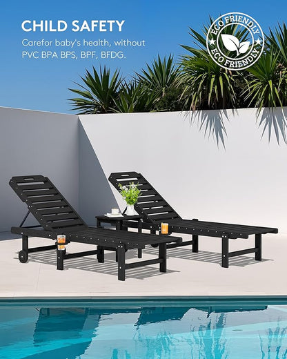 SERWALL Patio Chaise Lounge Set of 2, HDPE Outdoor Lounge Chair with Cup Holder, 5 Positions Adjustable Outdoor Lounger with Rolling Wheels for Poolside, Black