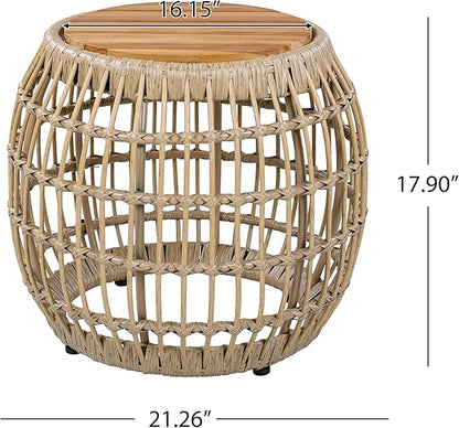 Merax Bohemian Round Outdoor Side Table with Acacia Wood Top and Wicker Base, Boho Rattan Coffee Table for Garden, Pool, Deck, Balcony, Yard, Patio, Light Brown