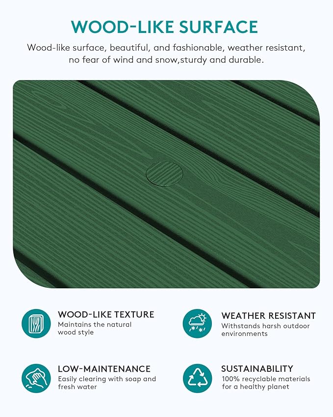 SERWALL Outdoor Coffee Table with 1.69" Umbrella Hole, HDPE Patio Coffee Table for Outside, Rectangle, Green - Photo 4