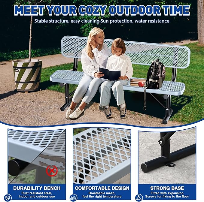 Heavy Duty Park Bench for Outside, Metal Park Bench with Back Portable Frame, Outdoor Steel Mesh Garden Bench with Backrest for Garden, Lawn, Patio, Porch, Park, Yard (Grey, 6FT/73INCH)