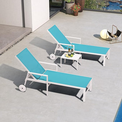 PURPLE LEAF Lounge Chair Outdoor Set 2 Pieces White Aluminum Chaise Lounge with Armrest and Wheels for Pool Deck Patio, Turquoise